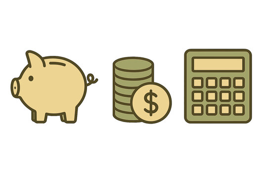 Concepts of saving money are shown with a piggy bank, coins, and a calculator in a simple design related to personal finance