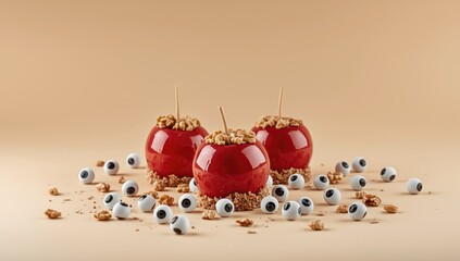 Red apples dipped in caramel and topped with walnuts, themed for a fall harvest event