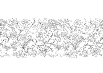 Botanical floral seamless ornament. Vintage hand drawn pattern with ornate garden flowers, leaves and intricate decorative swirls for textile wallpaper. Classic elegant motif design.