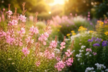 Fototapeta premium Spring garden display with pink Gaura flowers and glowing sunlight