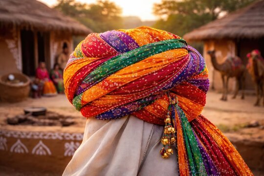 Colorful traditional Rajasthani safa turban with cultural village significance