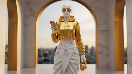Futuristic Cyborg Woman in Golden Hoodie Holding Smartphone, Kintsugi Marble Skin, Luxury Cyberpunk Style 3D Render