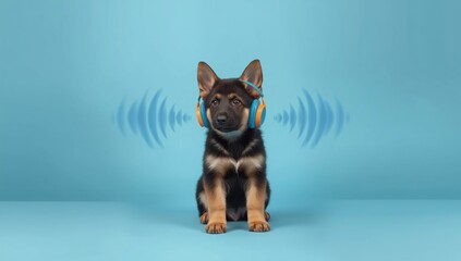 Young dog with headphones on a plain light blue backdrop, highlighting pet leisure and sound sensitivity, World Animal Day