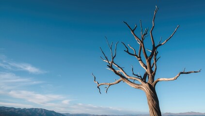 Leafless tree with a clear blue sky background, highlighting environmental preservation