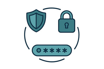 Concept of online security with shield, lock, and password icons on a digital background during the day
