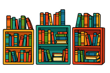 Colorful bookshelves filled with various books in different sizes and shapes at a library or study area © Alan