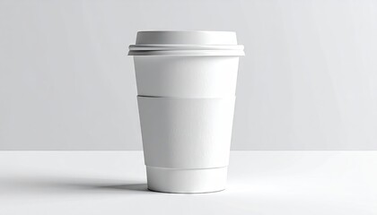 White Coffee Cup with Lid and Sleeve Standing Still on White Surface.