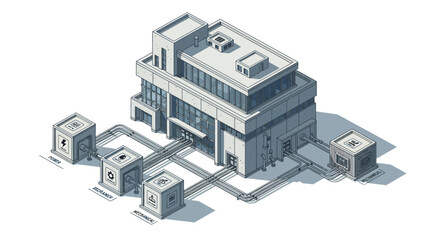 Isometric illustration of a modern facility with connected processing units, representing industrial operations and technological advancement