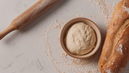 Yeast dough with flour and rolling pin prepared for sourdough bread, emphasizing baking activity, World Baking Day