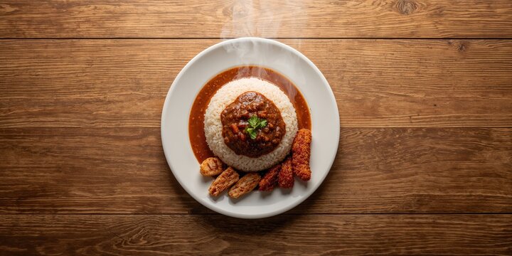 Indonesian culinary dish, Padang rice with rendang served on a rustic wood backdrop, highlighting cultural authenticity