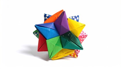 Colorful Paper Origami Star Sculpture on White Background