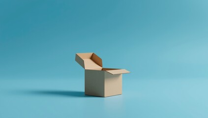 Open cardboard box placed on blue surface, designed for storage or shipping, featuring blank area for labels or messages
