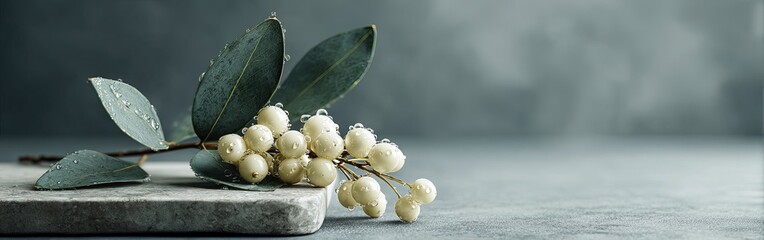 White Berries And Greenery On Grey Stone Surface