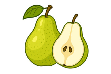 Green pear and sliced pear on white background with a leaf showing the skin and inside of the fruit