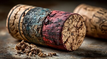 Close up of a colorful wine cork with wine stains and crumbs