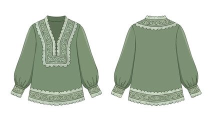 Obraz premium Exquisite vintage-inspired sage green peasant blouse with intricate white lace detailing and voluminous sleeves, showcasing front and back views of