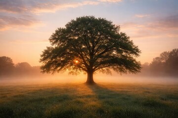 Fototapeta premium Solitary tree framed by peaceful early morning glow