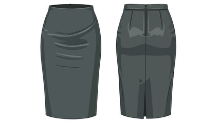 Elegant charcoal grey pencil skirt design showcasing front and back views with detailed draping and seam elements