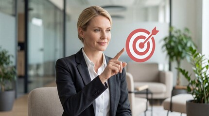 Confident blonde businesswoman pointing at virtual dart target icon with arrow, symbolizing focus, goal achievement, accuracy, strategy, leadership and successful decision making.