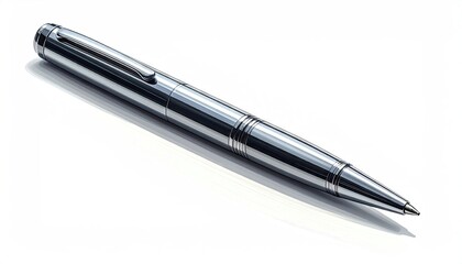 Sleek, shiny metal pen with a clip, cap, and writing tip; cast shadow