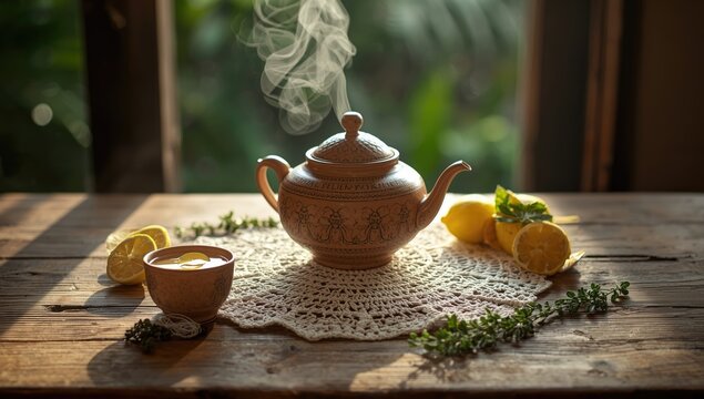 A classic lemon tea in earthenware cups placed on a wooden surface, highlighting traditional serveware