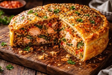 Detailed view of spiced salmon and rice pie on a rustic wooden serving board