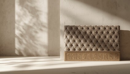 Fototapeta premium Detailed view of a fabric headboard with quilted surface and geometric design, used as a bedroom backdrop