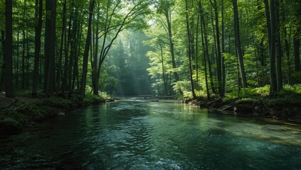 Obraz premium Lush green woodland with a meandering river reflecting natural scenery, highlighting erosion concerns