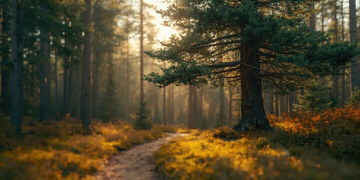 Selective focus on trees in a pine forest during autumn sunset, highlighting seasonal change, seasonal change - Powered by Adobe