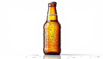 Beer bottle, condensation visible, isolated on white background.