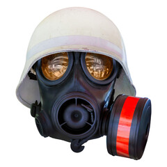 Isolated vintage gas mask with white helmet