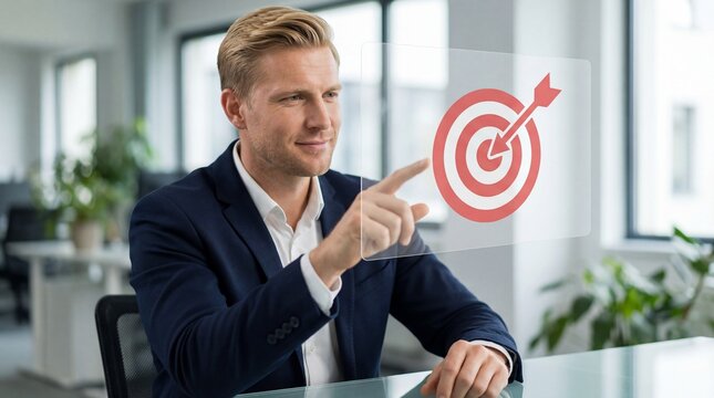 Confident businessman pointing at virtual dart target icon with arrow, symbolizing focus, goal achievement, accuracy, strategy, leadership and successful decision making. - Powered by Adobe