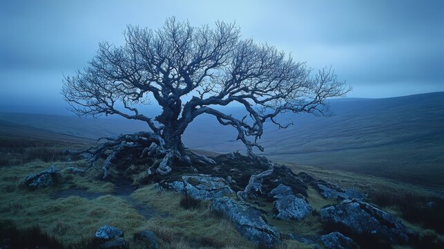 A gnarled bare tree silhouetted against a moody blue twilight sky on a rocky hillside - Powered by Adobe