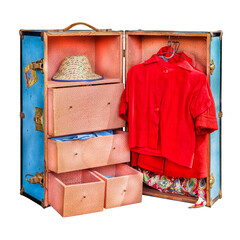 Old isolated blue suitcase with drawers and clothes