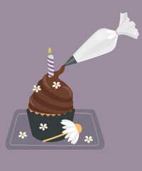  Illustration with Chocolate Cupcake at Daisy, Candle Decoration and Piping Bag