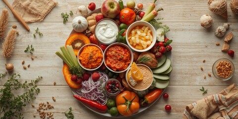 Overhead shot of fresh whole foods highlighting digestive health benefits, World Gut Health Day