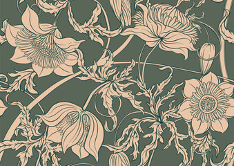 Seamless floral pattern featuring vintage botanical flowers, ornate leaves, blooming buds and elegant art nouveau elements. Perfect for textile design, wallpaper. classical engraving illustration.