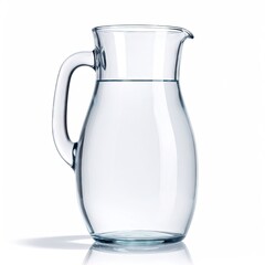 Glass pitcher holding clear water indoors, casting a shadow, isolated on a white background