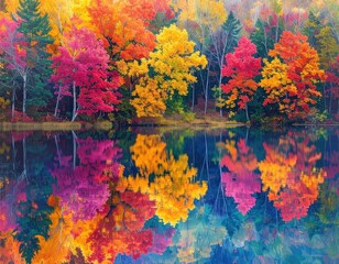 Vibrant autumn trees reflect in calm lake water, showcasing vivid colors.