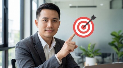 Confident Asian businessman pointing at virtual dart target icon with arrow, symbolizing focus, goal achievement, accuracy, strategy, leadership and successful decision making.