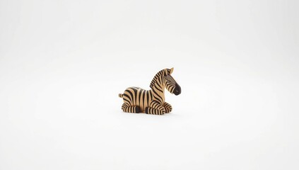 Fototapeta premium Small carved wooden zebra sculpture on a white surface highlighting artisanal craftsmanship, suitable for home decor, World Art Day