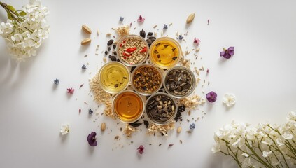 Collection of herbal tea varieties on a white backdrop, suitable for UI interface backgrounds