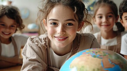 Curious children exploring world globe in a bright classroom setting - Powered by Adobe