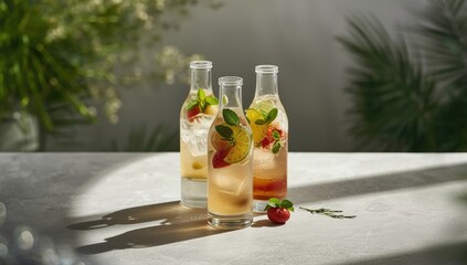 Homemade summer cocktail in glass bottles highlighting beverage preparation, detox water for hydration, summer wellness