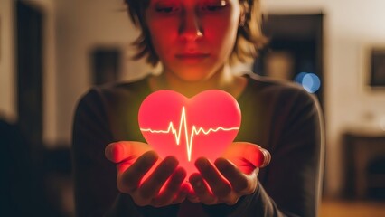 Woman Holding Heartbeat Symbol with Care.