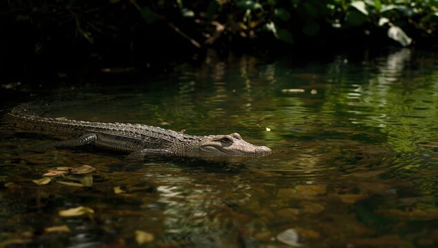 Small crocodile and spectacled caiman among aquatic plants, highlighting freshwater ecosystem preservation