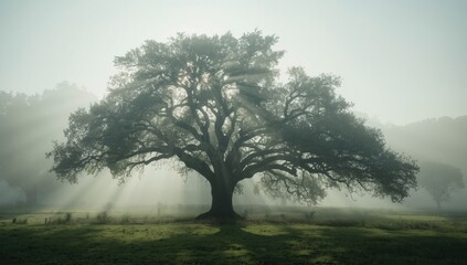 Obraz premium Green woodland scene with fog and trees in Alentejo, Portugal, ideal for nature-themed layouts or landscape photography