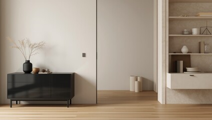 Simple home interior featuring a black commode, dried floral arrangement, sculpture, and personal items on a beige wall, ideal for layout backgrounds