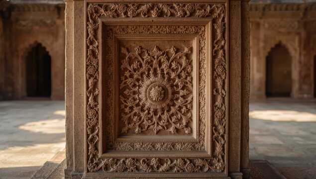 Ornate floral motifs engraved on stone at the Ibrahim Rouza mausoleum, historical architecture