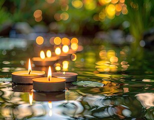 Lit candles float on water with bokeh lights in the background.
